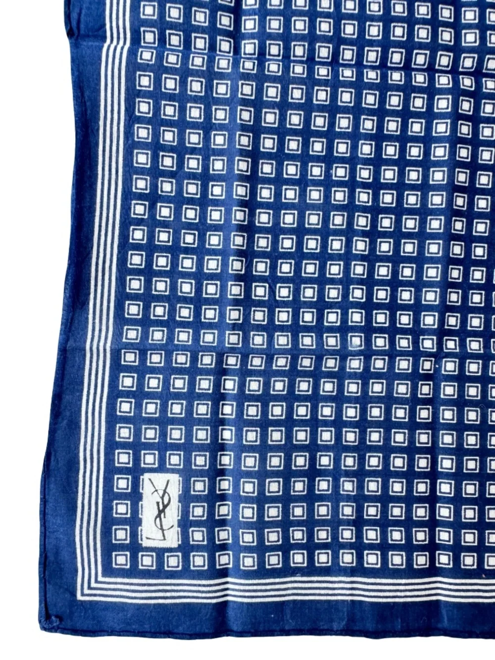 Vintage Yves Saint Laurent Handkerchief Navy Geometric Pocket Square Scarf 17.5